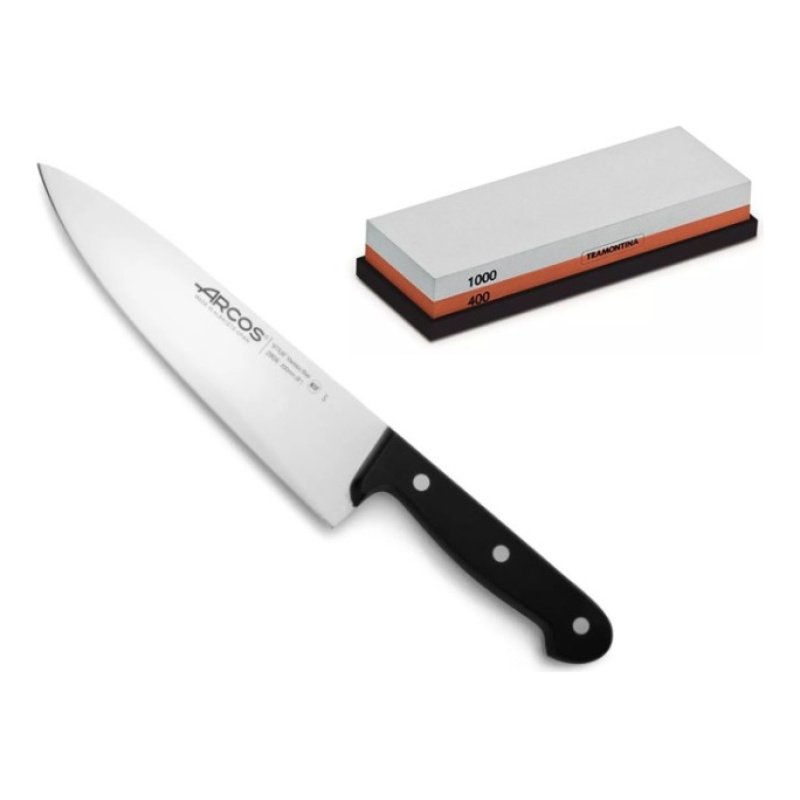 Cuchillo Cocinero Arcos 20cm + Piedra De Afilar Tramontina