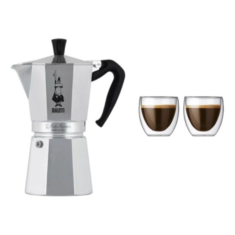 Cafetera Bialetti Moka Express 9 Tazas + 2 Vasos Bodum 80ml