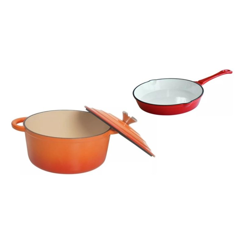 Set Olla Hierro Fundido Esmaltado + Sartén Hierro Fundido - Naranja