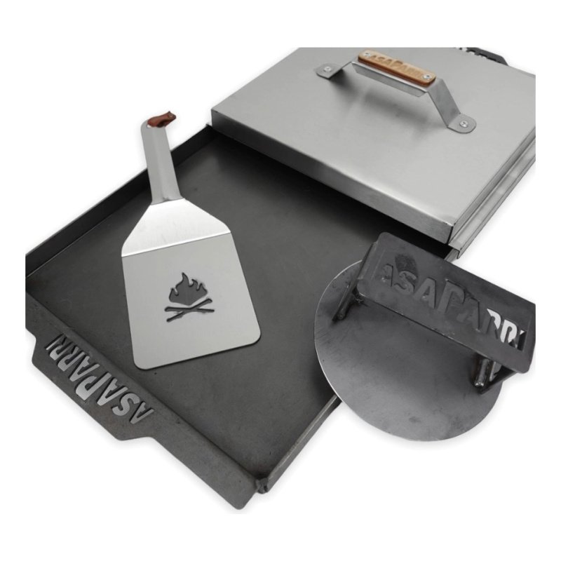 Kit Plancha Chivitera + 2tapas + Espatula + Smasher Asaparri - Acero