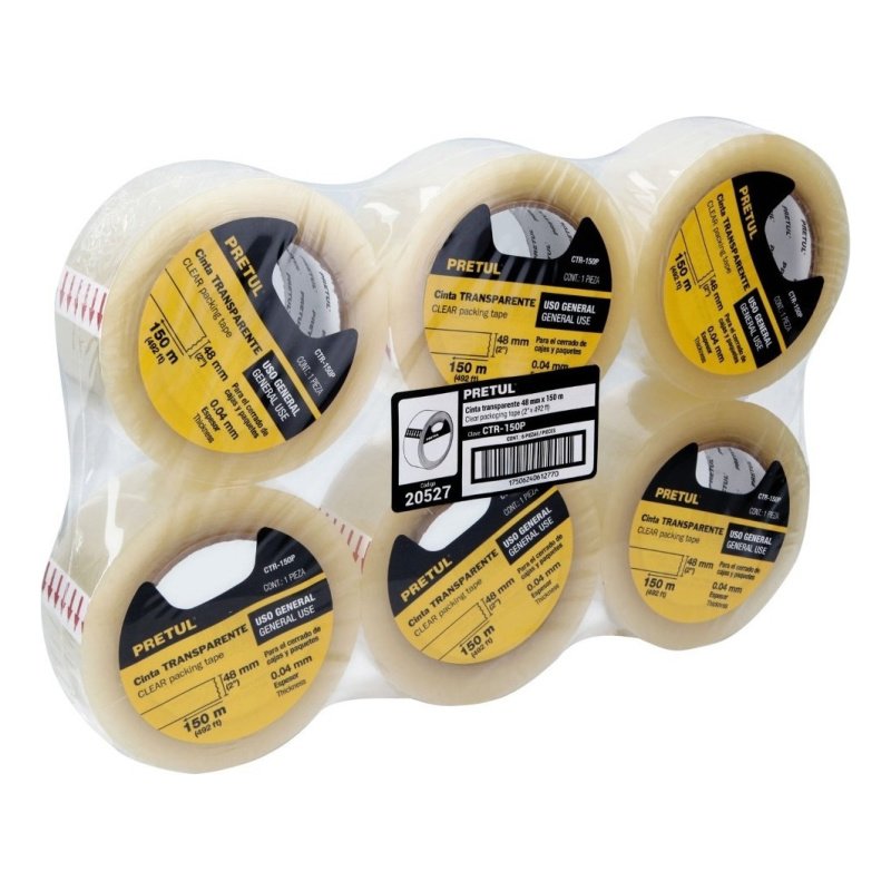 Paquete De 6 Piezas De Cinta Transparente 150 Mt Pretul 20527