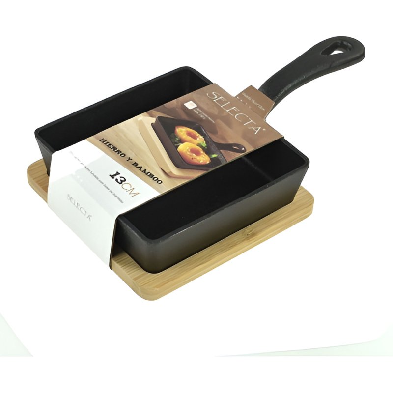 Mini Sarten Hierro Con Bandeja Bamboo 13x13 Cm Negro
