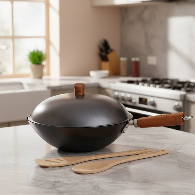 Set Wok Con Tapa 31cm + Espatula Y Cuchara Madera Ken Hom