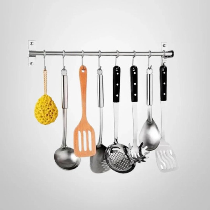 Barra De Cocina Doble Acero Inoxidable 50cm Mas 8 Ganchos Gris