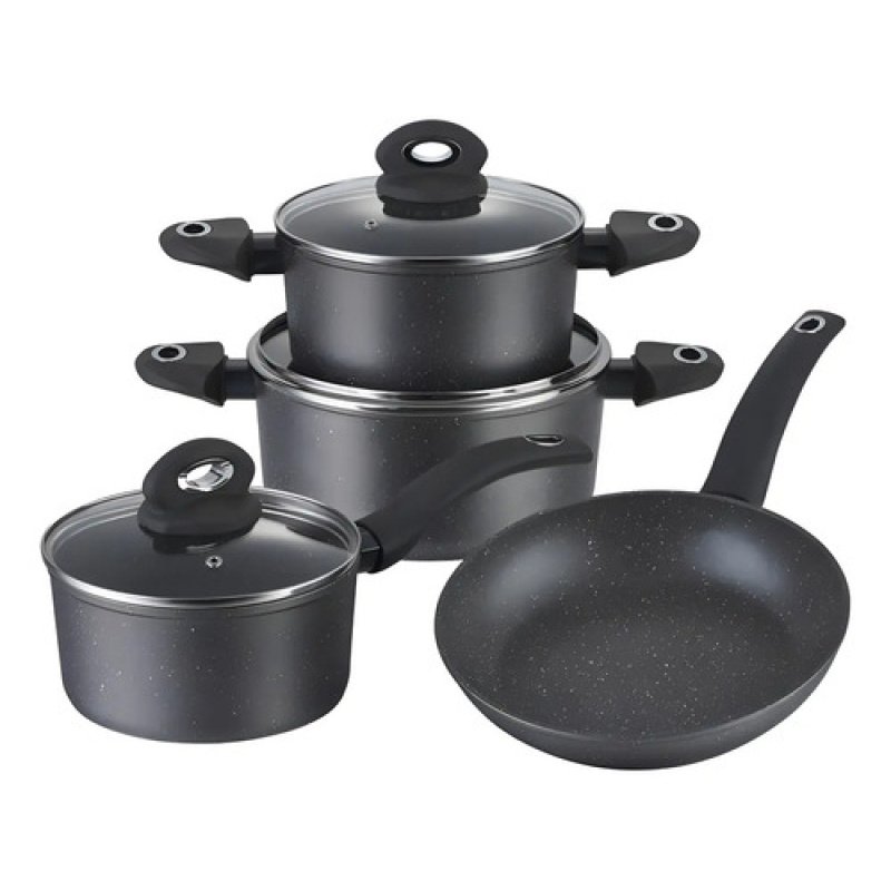 Batería Cocina 7 Piezas Antiadherente Aluminio Granito Gris Selecta Negro